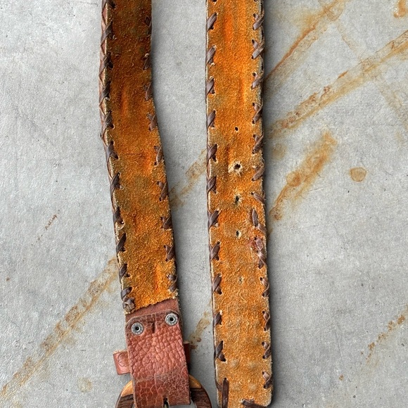 Vintage Tooled Leather Boho Belt Wood Buckle Woven Western Festival Belt Unisex - Picture 6 of 9